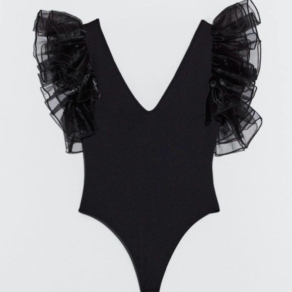 Zara Tops - Zara Black Organza Thong Bodysuit Size Small